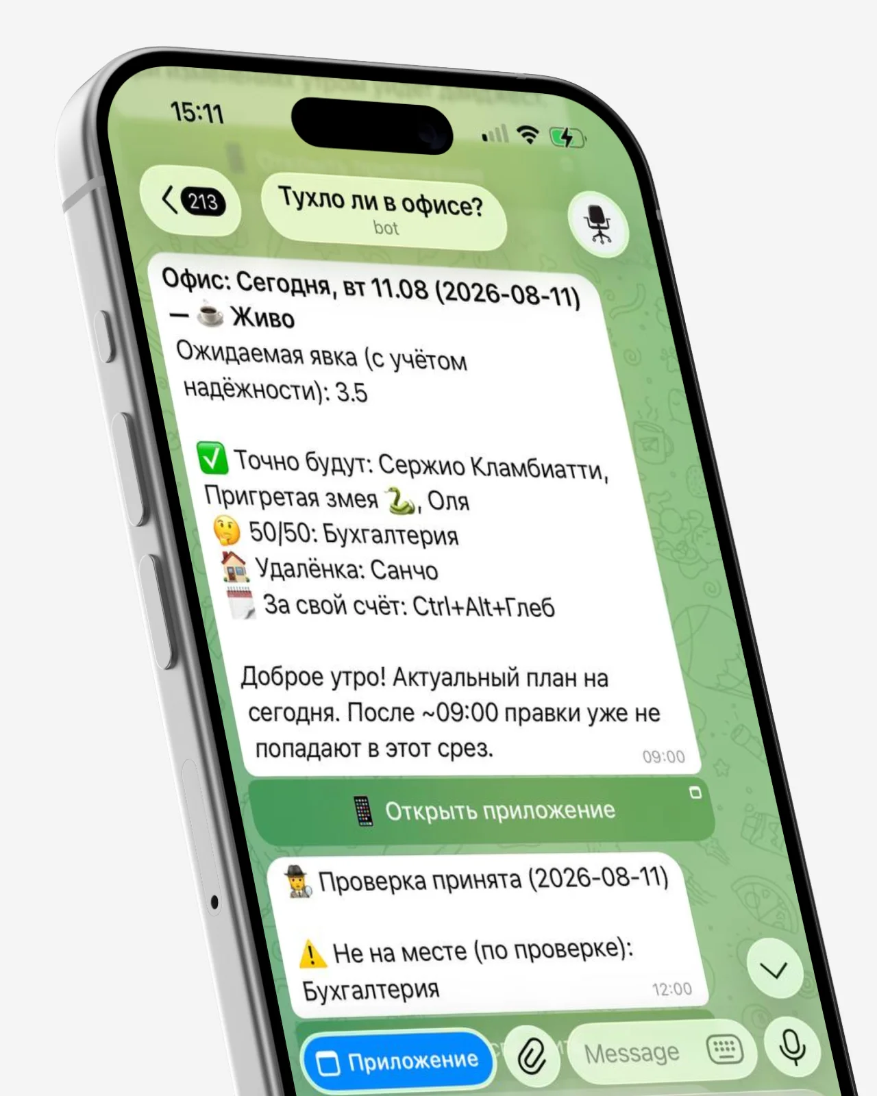 Чат бота — вердикт «Живо», явка команды и проверка тайным гостем