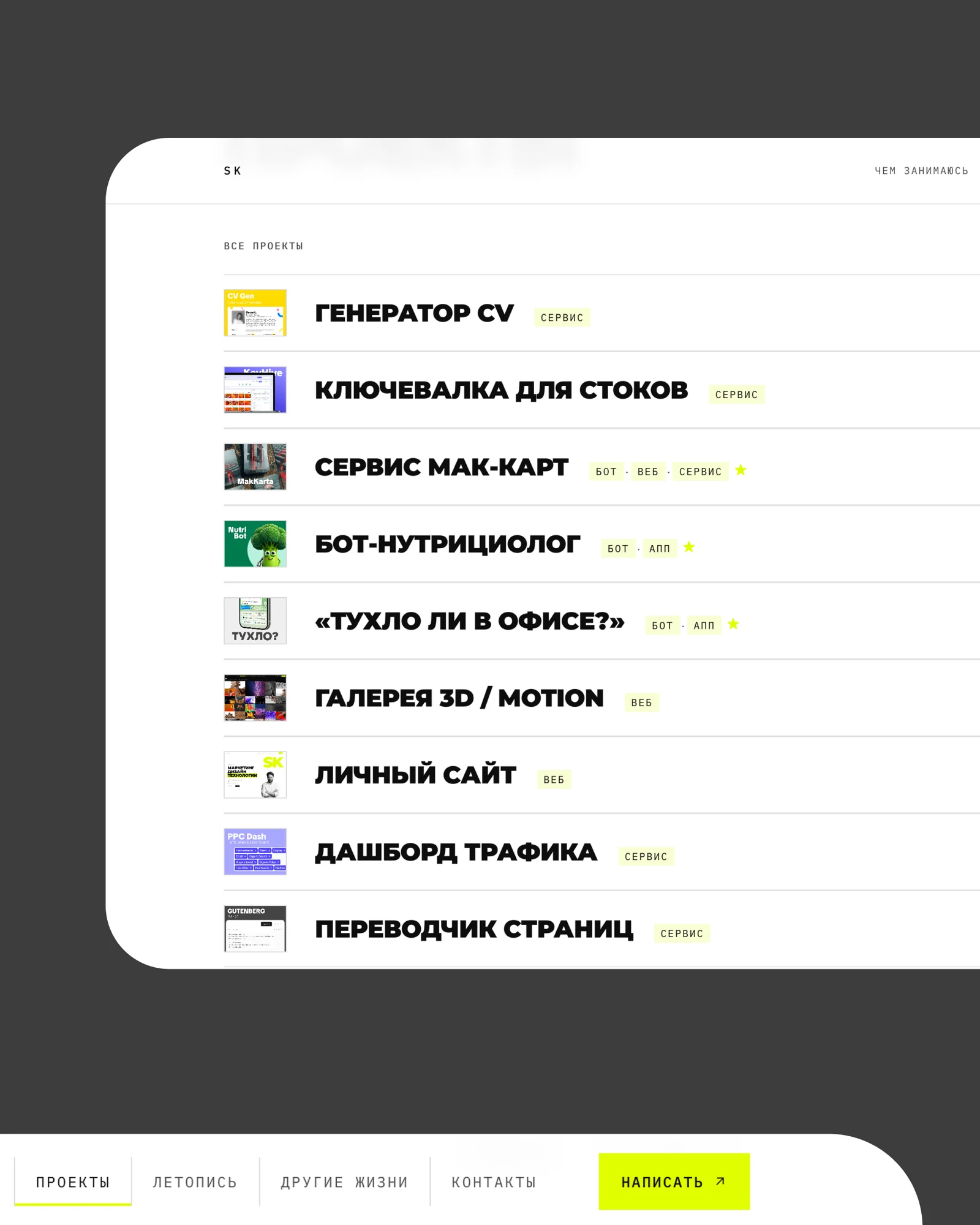 Список проектов личного сайта с кейсами и навигацией