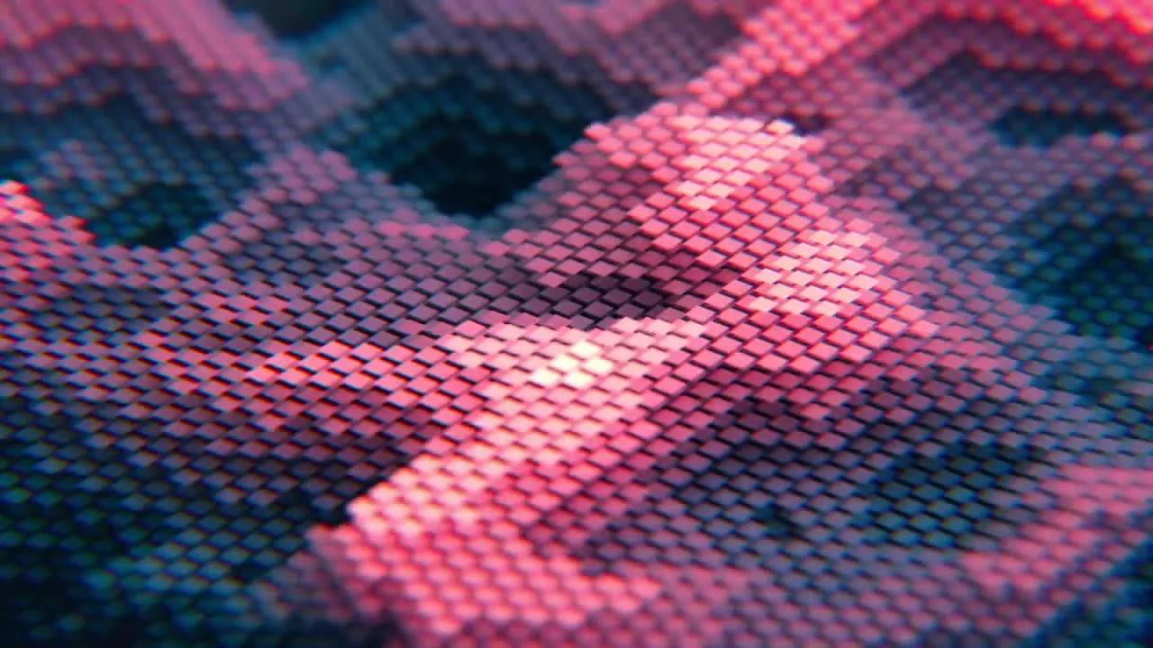 Абстрактная 3D-композиция из множества мелких розовых и синих кубиков, расположенных волнами, с мягким рассеянным светом, создающим объем и глубину.