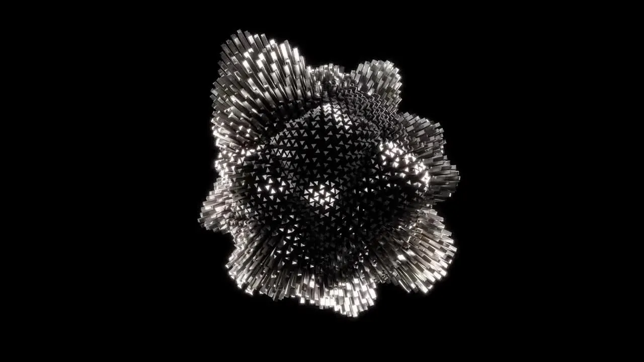 Абстрактная 3D-форма из множества мелких серебристых прямоугольных элементов, выступающих из центральной сферы, усеянной светящимися треугольниками, на черном фоне.
