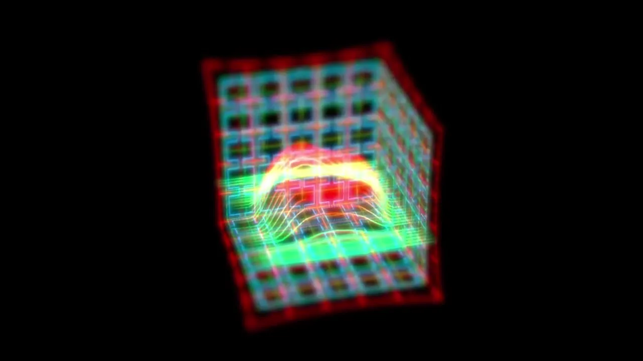 Абстрактная 3D-сцена с неоновыми линиями, формирующими изогнутую поверхность внутри куба, подсвеченного красным контуром на черном фоне.