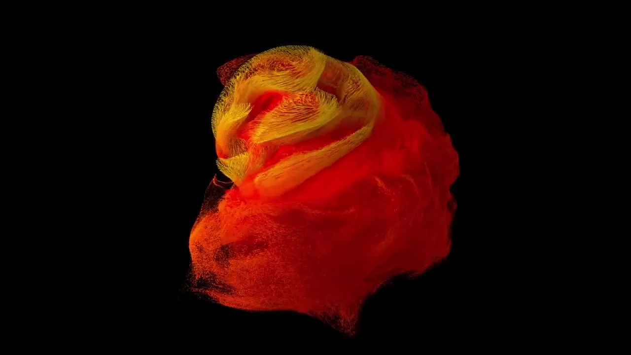 Абстрактная 3D-композиция из множества мелких частиц, формирующих объемную фигуру оранжево-красного цвета с желтыми завихрениями сверху, на черном фоне.
