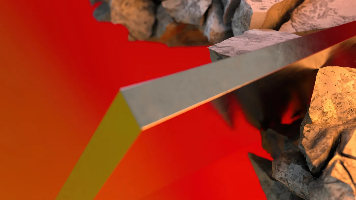 Абстрактная 3D-композиция с металлическим бруском, отражающим красное свечение, и текстурированными каменными глыбами на заднем плане.