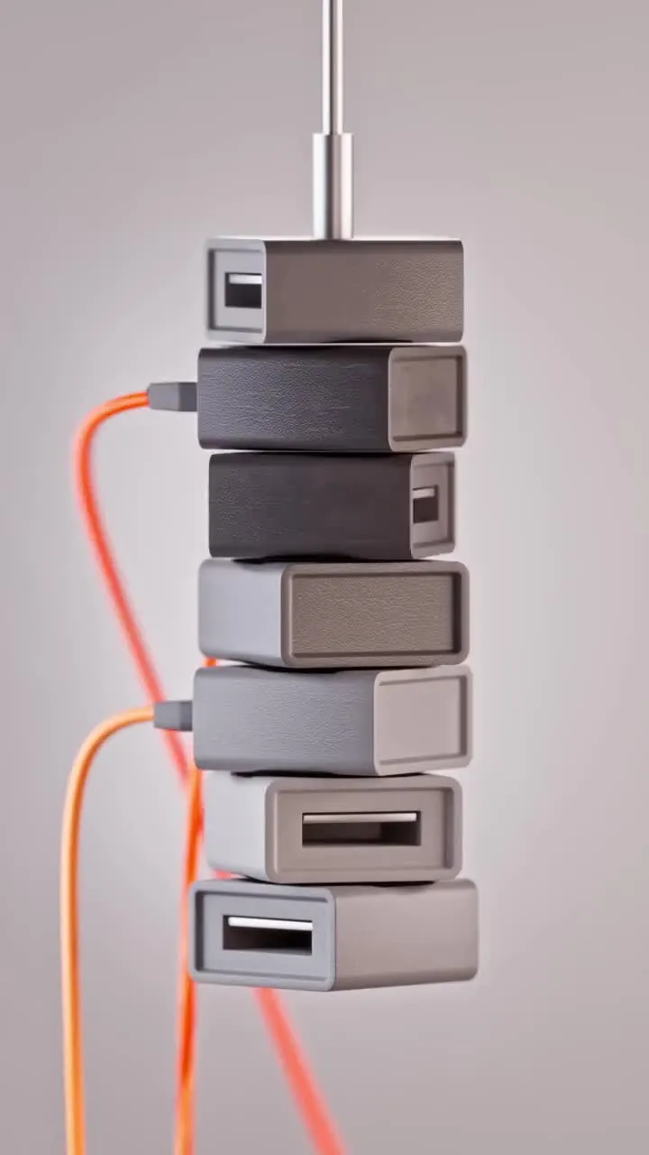 Вертикальная стопка из шести USB-хабов разных оттенков серого, подключенных оранжевыми кабелями, на светлом фоне.